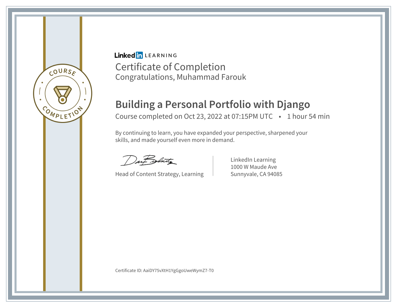 Building a Personal Portfolio with Django Certificate