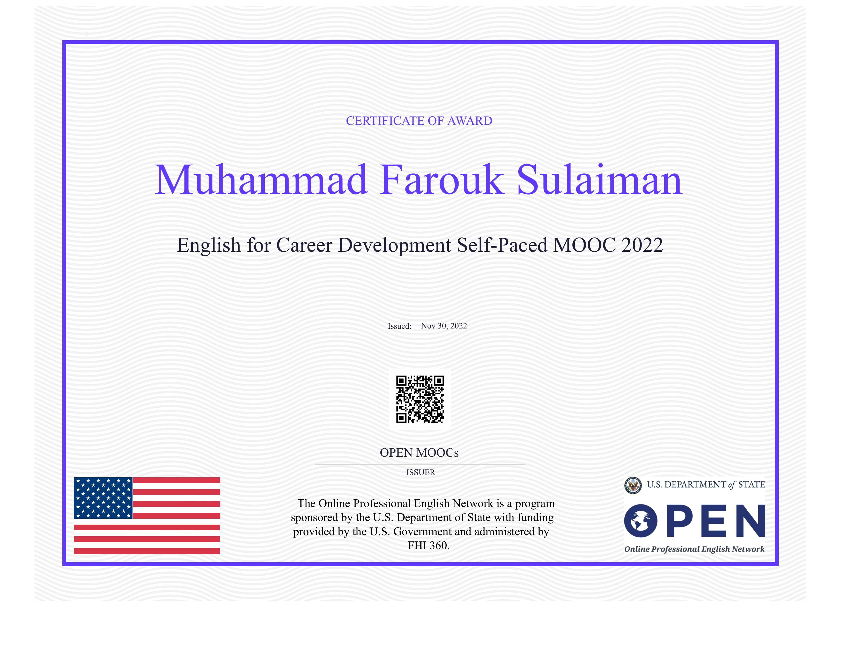 English for Career Development Self-Paced MOOC 2022 Certificate