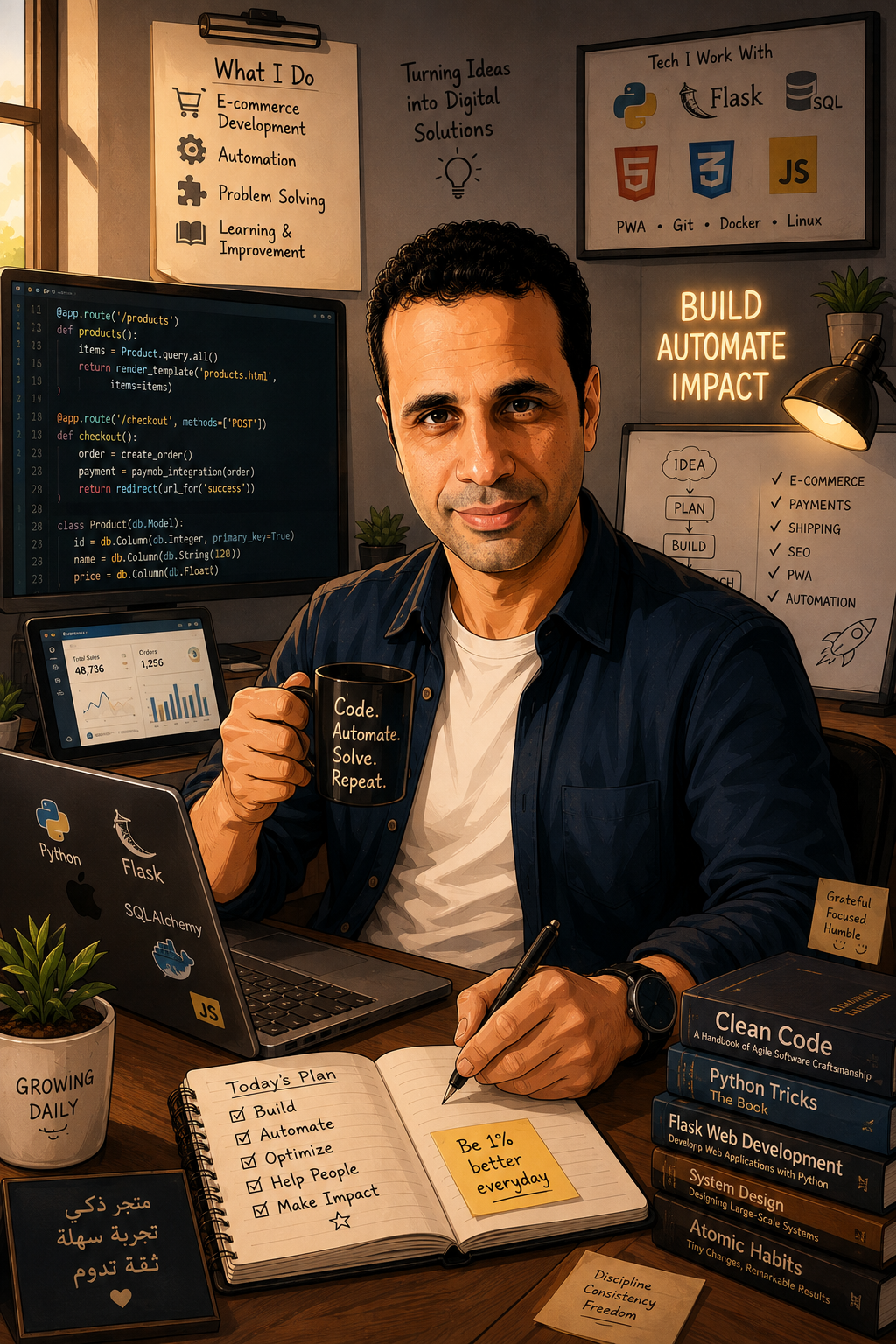 Illustrated career studio of Muhammad Farouk